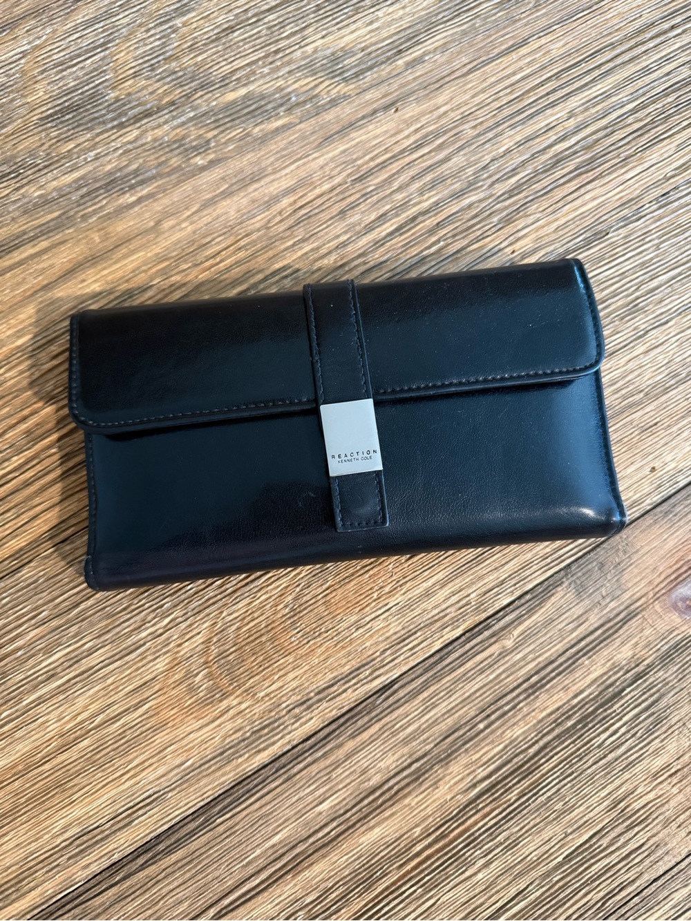 Kenneth Cole Black Leather Clutch with Silver Logo Plate